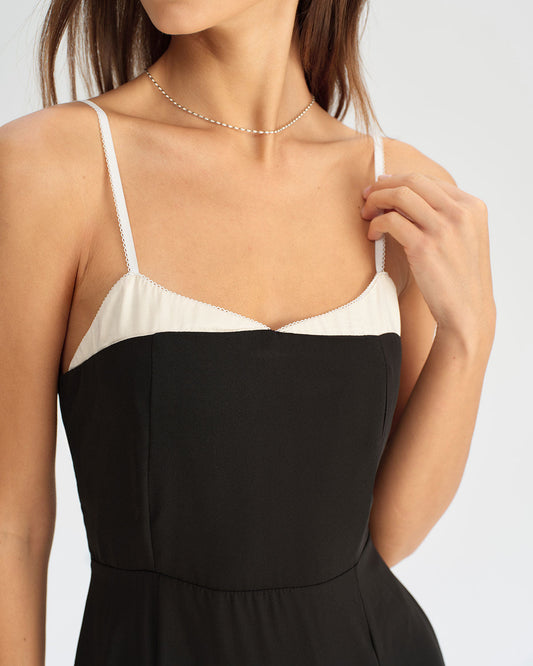 Black Contrasting A-Line Slip Midi Dress