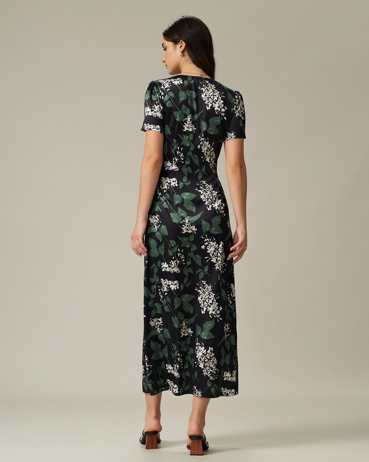 Black V Neck Floral Midi Dress