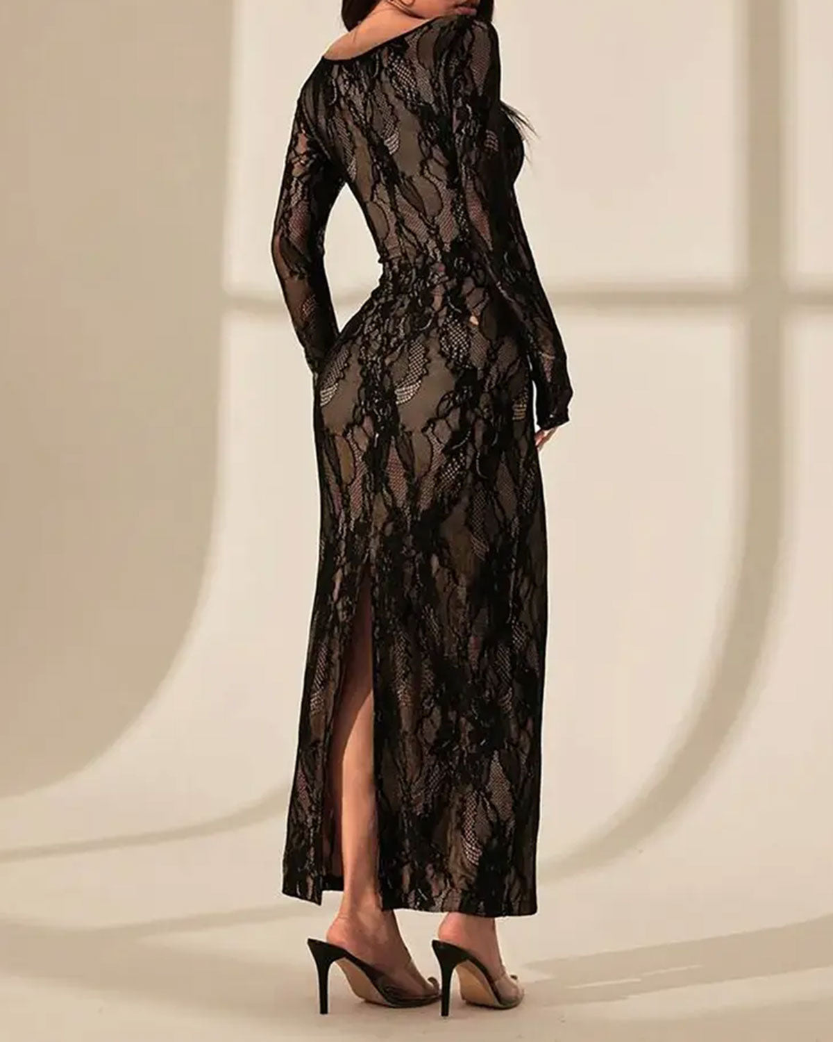 Black Lace See Through Bodycon Maxi Dress