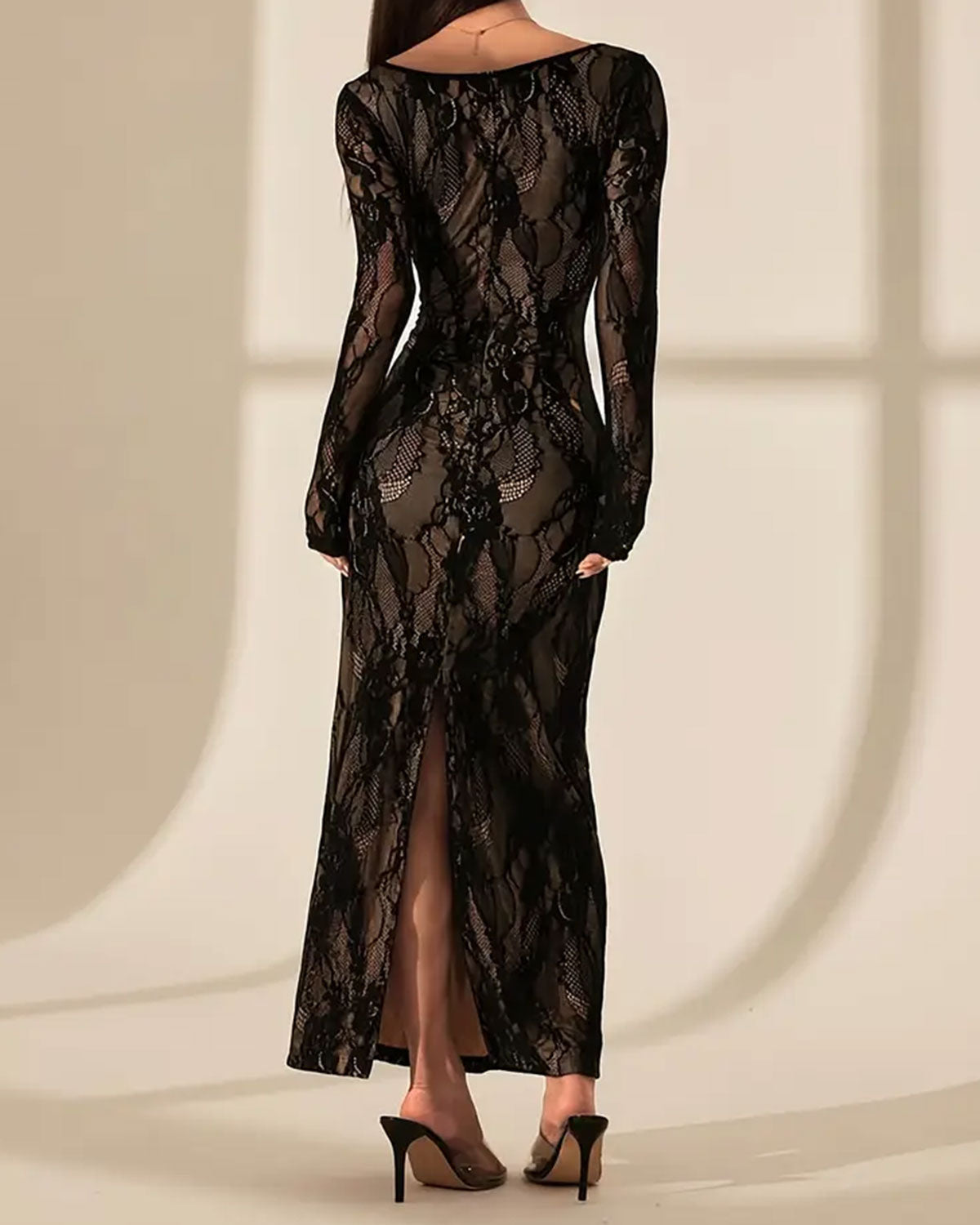 Black Lace See Through Bodycon Maxi Dress