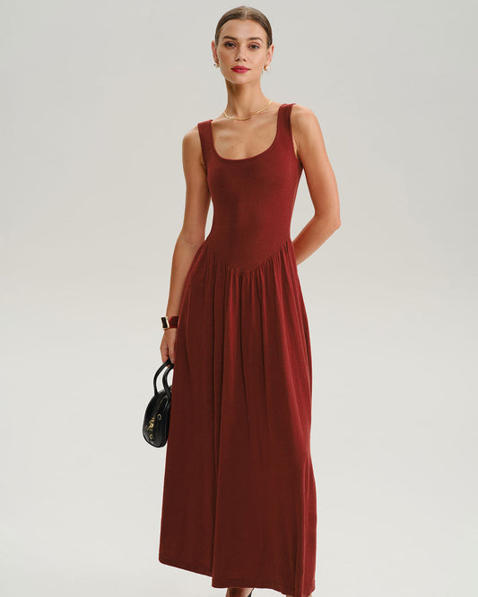 Red U Neck A-Line Sleeveless Sweater Dress