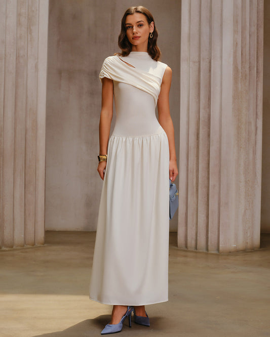 Beige Ruched Cap Sleeve Maxi Dress
