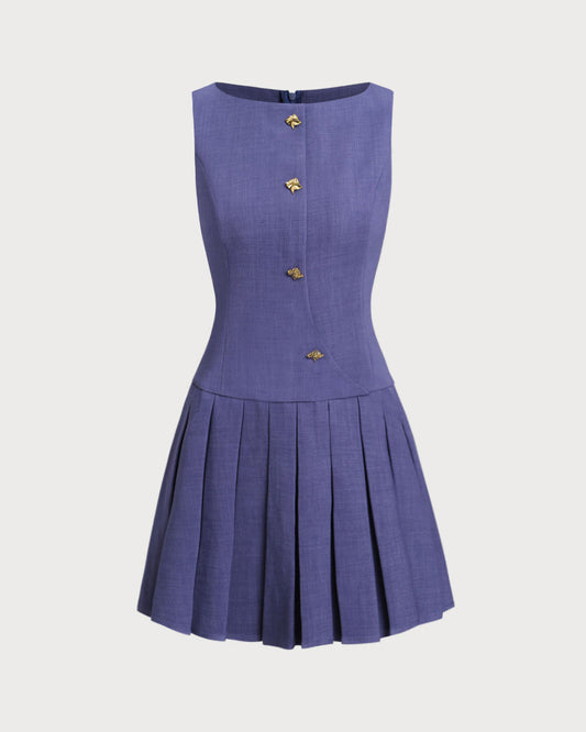 Blue Boat Neck Button Sleeveless Mini Dress