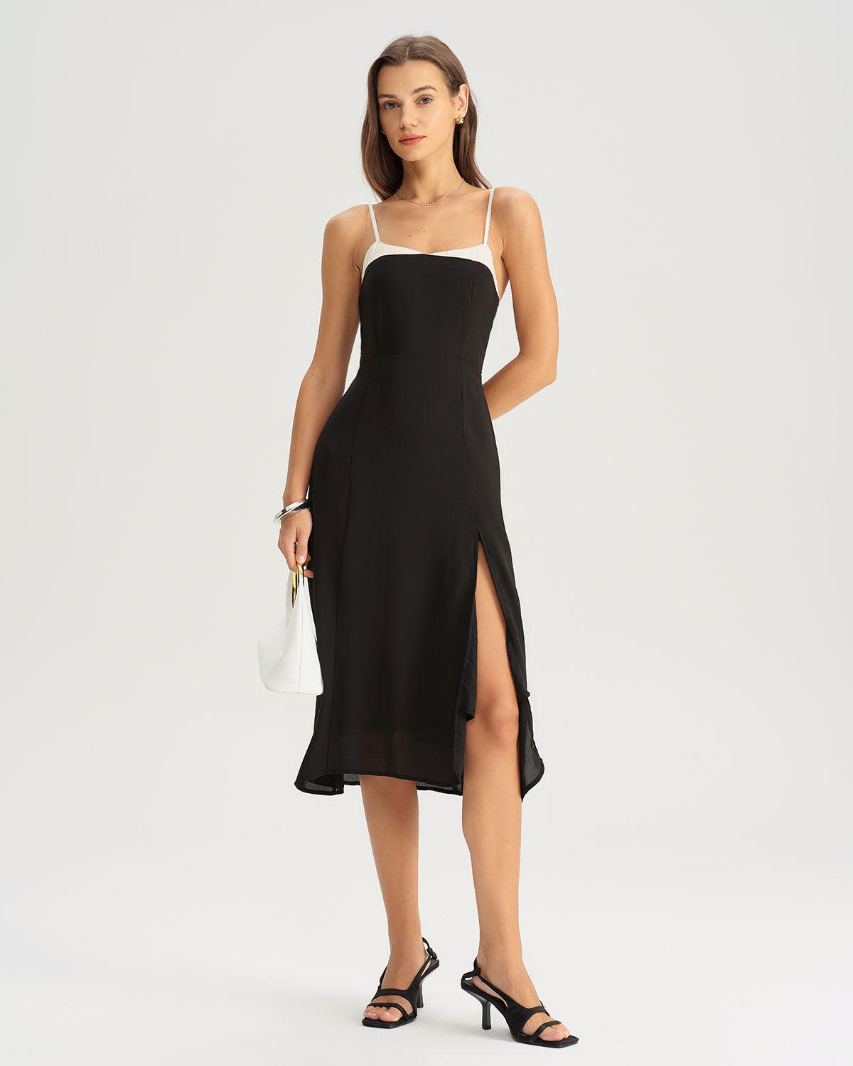 Black Contrasting A-Line Slip Midi Dress